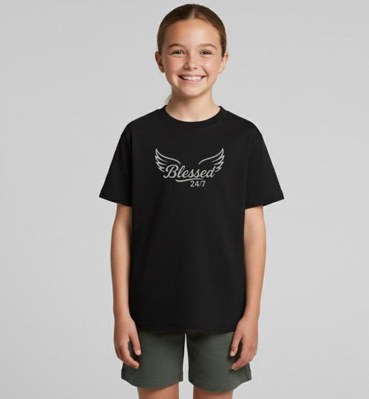 Youth Blessed 24/7 with wings – Staple Tee sz 8-16- Black