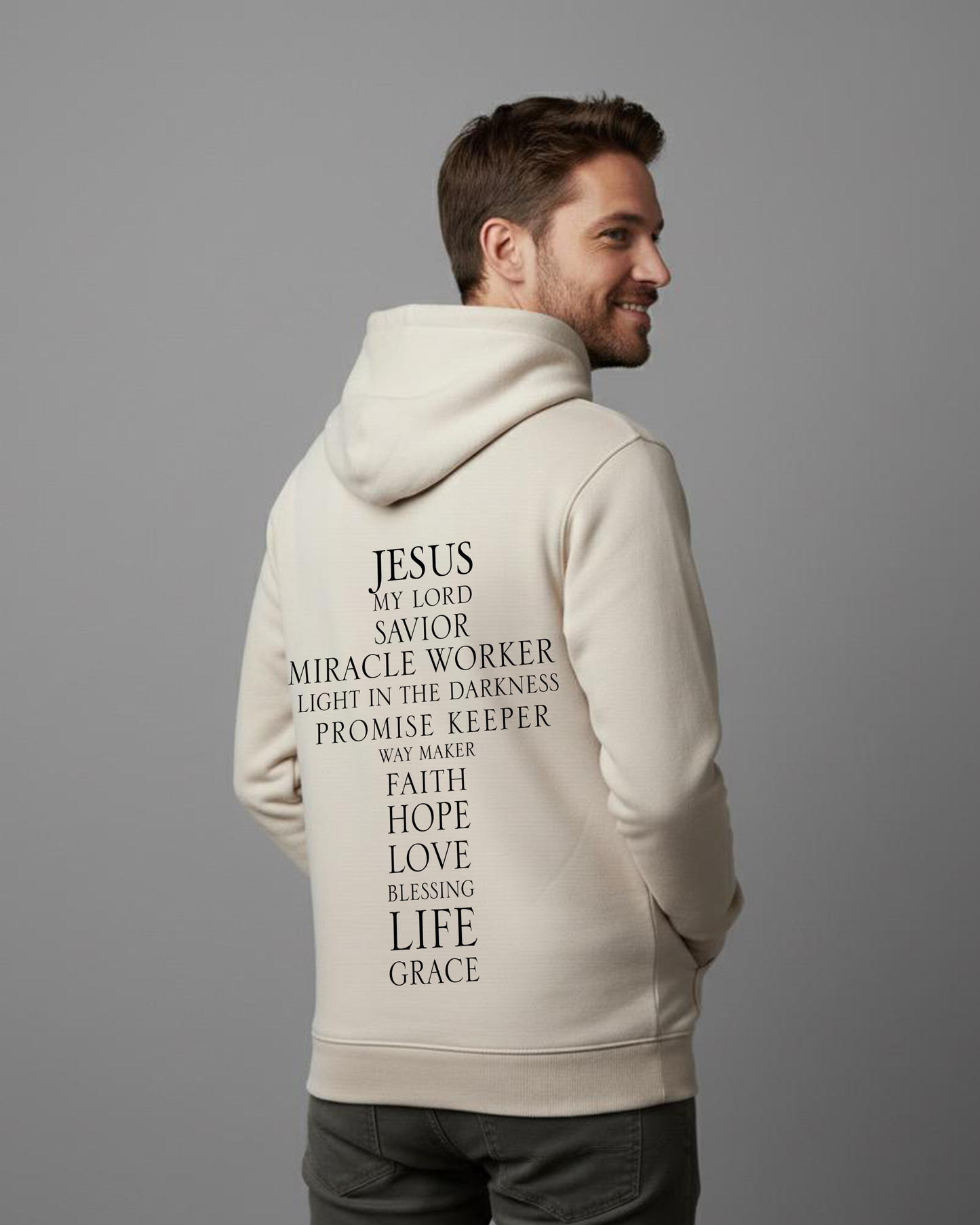 Jesus' Cross of Affirmations Hoodie - Faded Bone