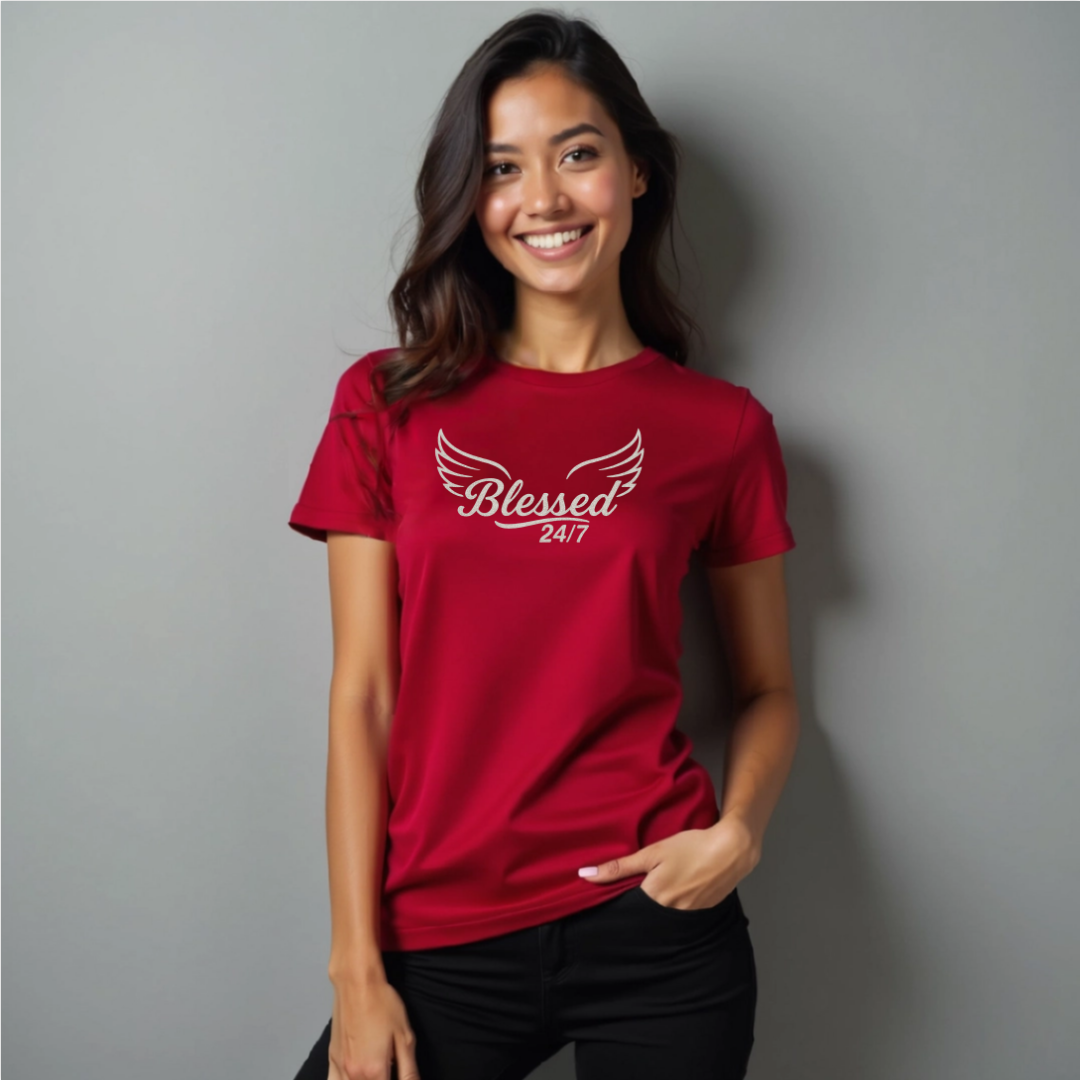 Womans Blessed 24/7 with Wings, Maple Tee –  deep red