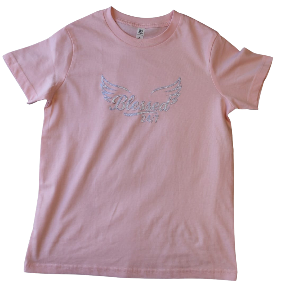 Womans Blessed 24/7 with Wings, Maple Tee – light Pink