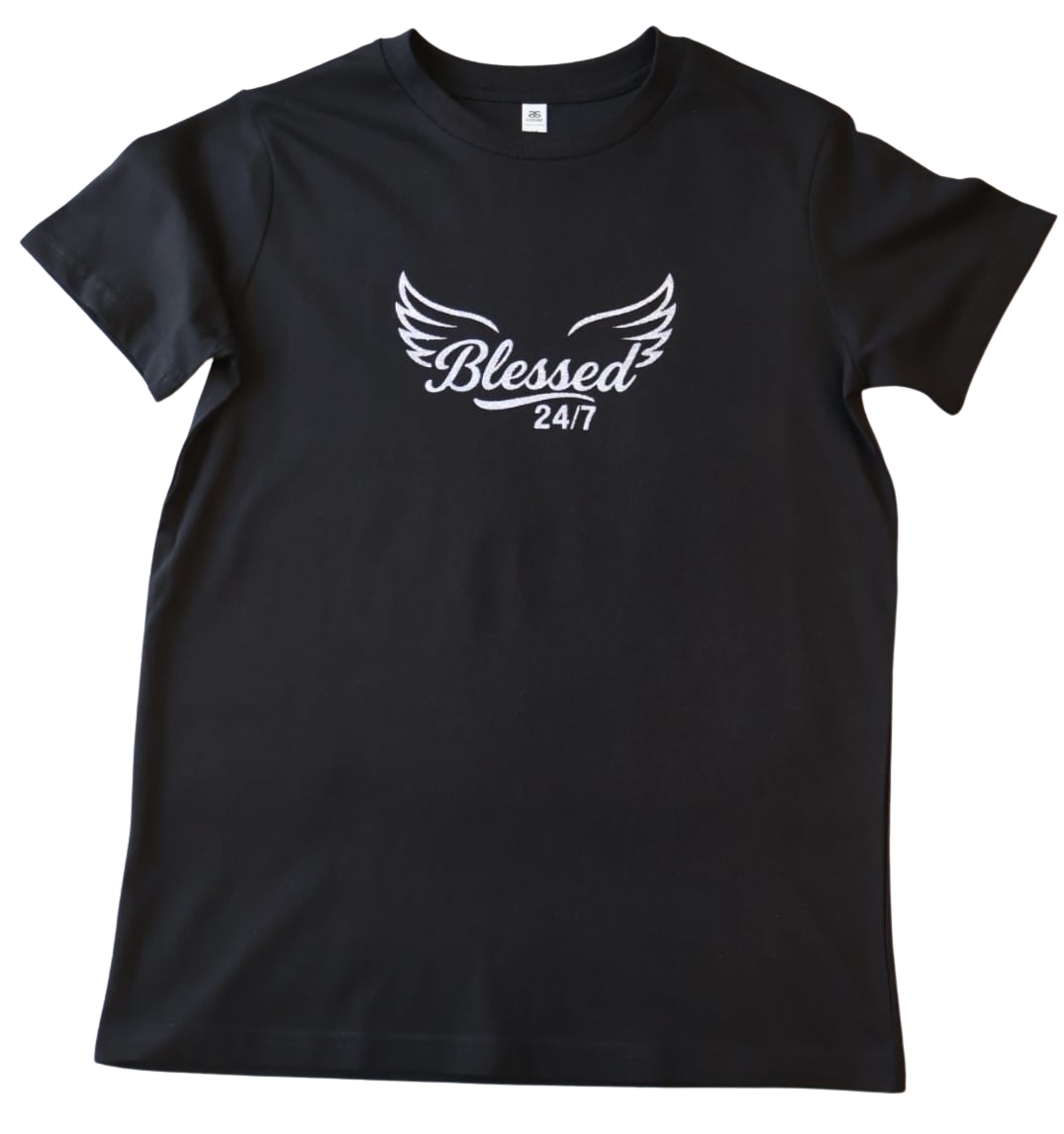 Youth Blessed 24/7 with wings – Staple Tee sz 8-16- Black