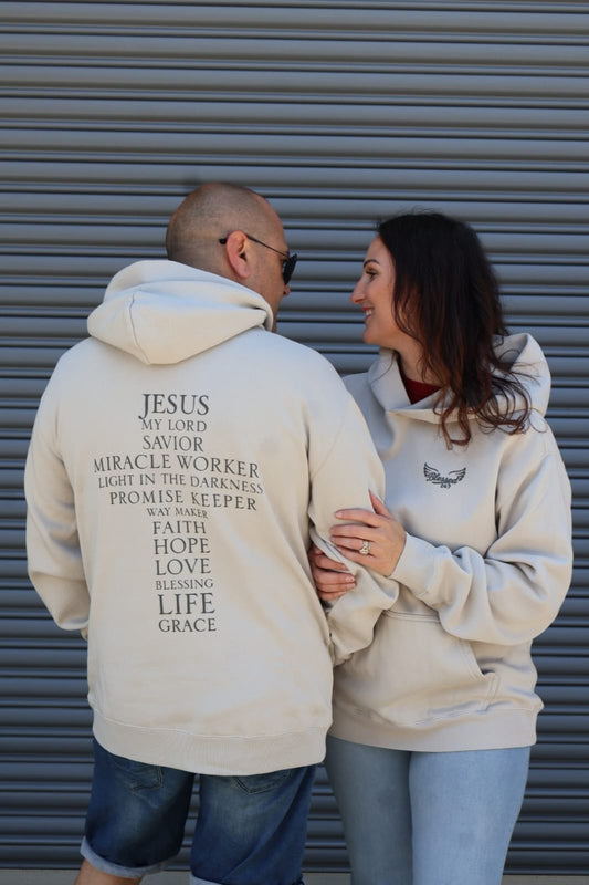 Jesus' Cross of Affirmations Hoodie - Faded Bone