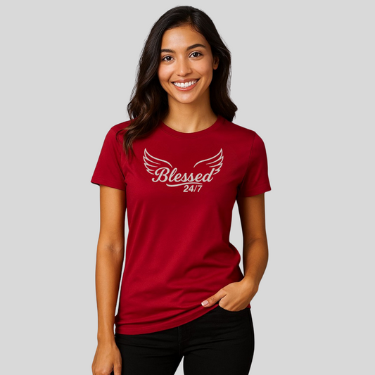 Womans Blessed 24/7 with Wings, Maple Tee –  deep red