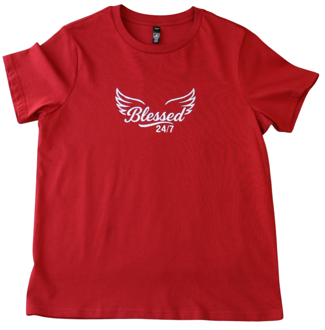 Womans Blessed 24/7 with Wings, Maple Tee –  deep red