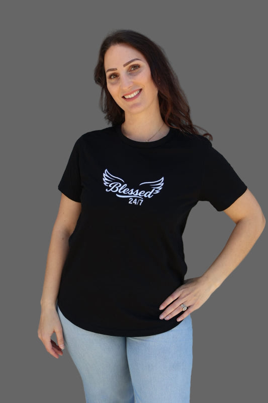 Women's Blessed 24/7 with wings Curve Tee – Black