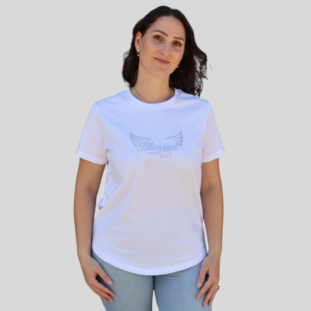 Women's Blessed 24/7 Signature logo, Curve Tee – White