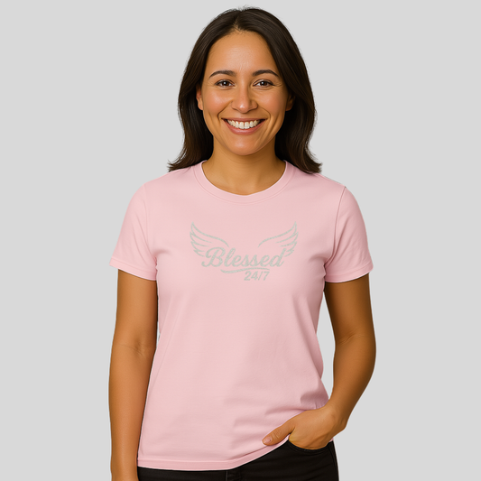 Womans Blessed 24/7 with Wings, Maple Tee – light Pink