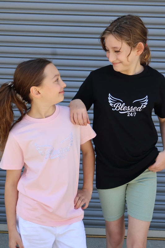 Youth Blessed 24/7 with wings – Staple Tee sz 8-16- Black