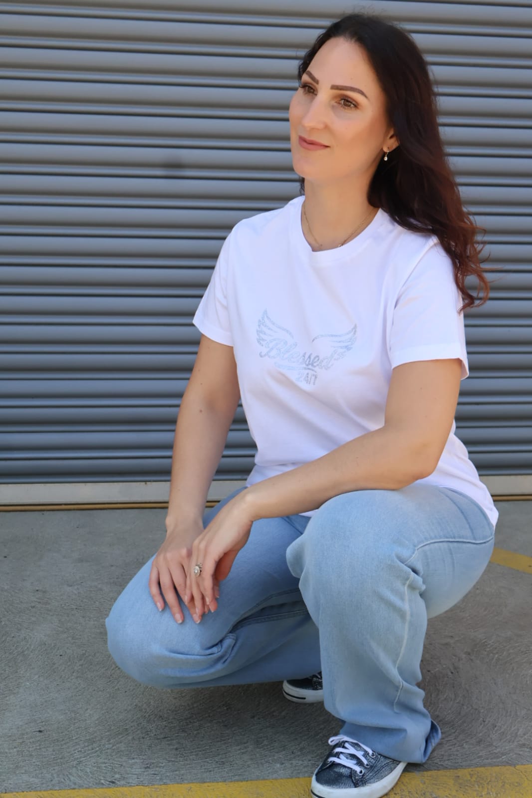 Women's Blessed 24/7 Signature logo, Curve Tee – White