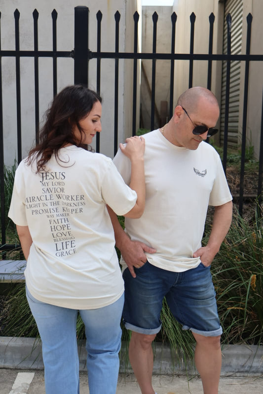 Jesus' Cross of Affirmations Tee - (Unisex) Soft Ivory
