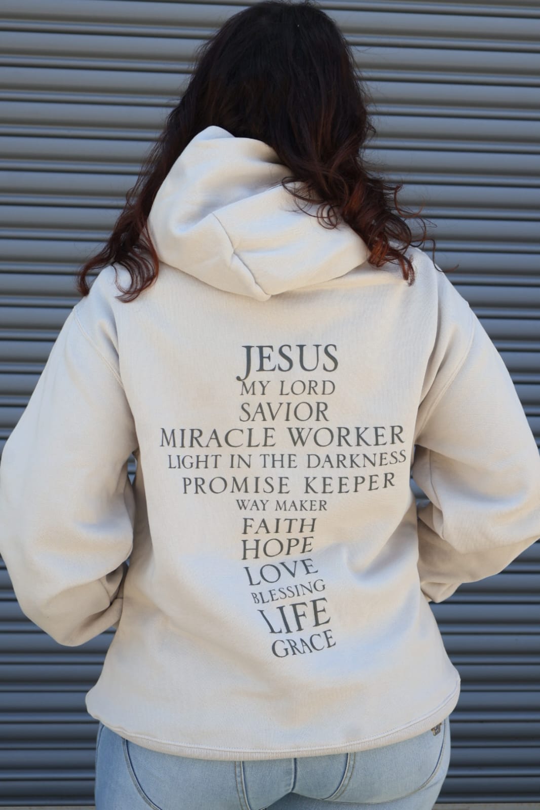 Jesus' Cross of Affirmations Hoodie - Faded Bone